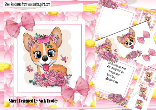 Cute corgi with pink roses in flower frame 8x8 mini kit