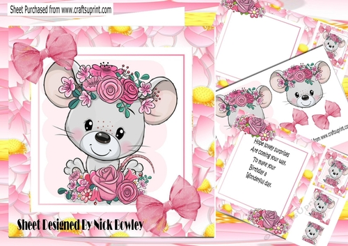 Cute mouse with pink roses in flower frame 8x8 mini kit
