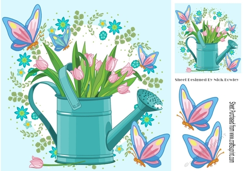 Pretty blue watering can with pink tulips and butterflies 8x8