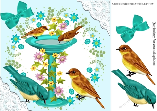 Birds with water feature with blue bows and lace 8x8