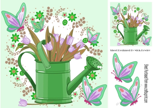 Pretty green watering can with pink tulips and butterflies 8x8