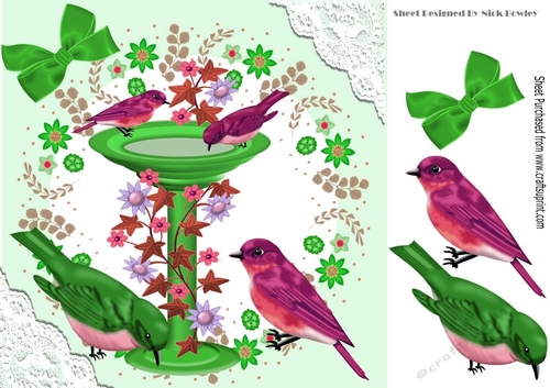 Birds with water feature with green bow and lace 8x8