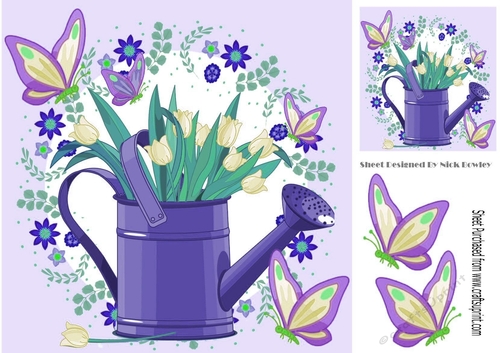 Pretty purple watering can with pink tulips and butterflies 8x8