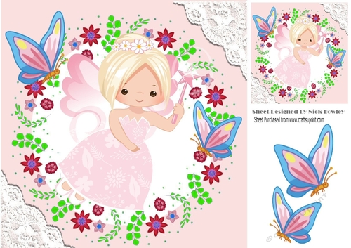 Pretty pink faerie with butterflies in floral and lace 8x8 frame