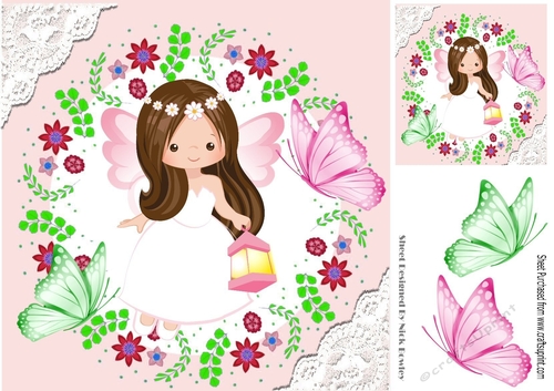 Pretty pink faerie with green/pink butterflies in floral and lace 8x8 frame