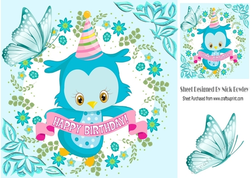 cute little owl with butterfly in floral frame 8x8