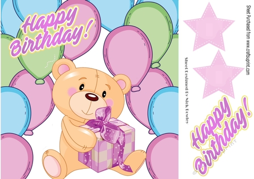 Cute little teddy with pink present and balloons 8x8 