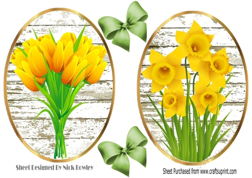 Two pretty spring flower toppers daffodils & tulips with green bows