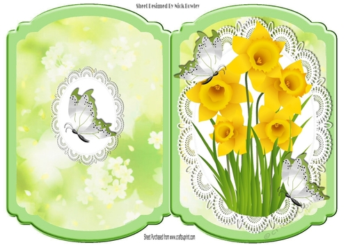 Pretty spring daffodils on lace with butterflies bracket card