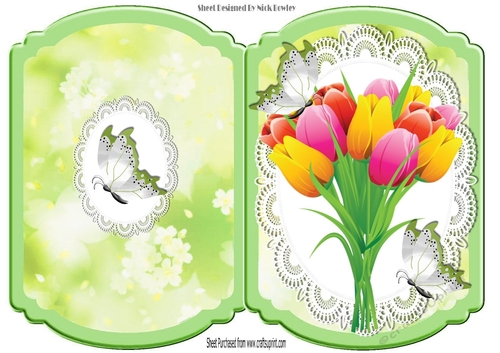 Pretty spring coloured tulips on lace with butterflies bracket card