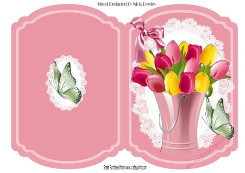Ornate coloured tulips on lace with bow bracket card