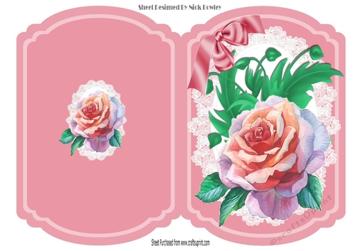 Pretty water colour rose with bow on lace bracket card
