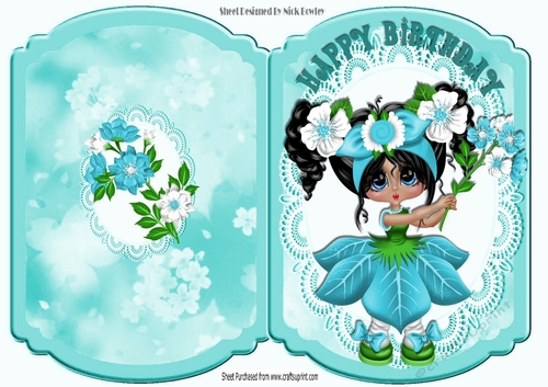 Pretty flower girl in turq on lace bracket card