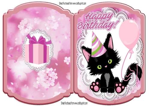 Cute black kitty in party hat bracket card (pink)