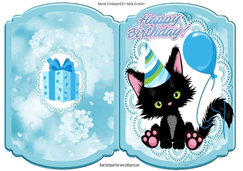 Cute black kitty in party hat bracket card (blue)