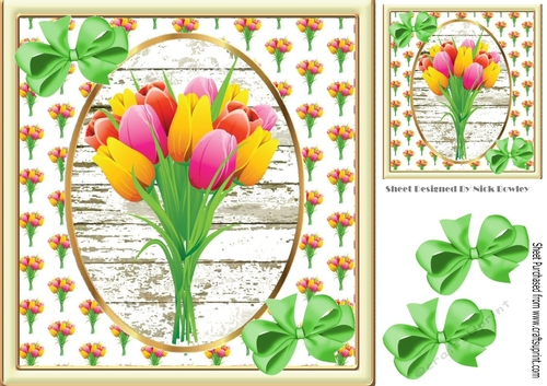 pretty spring  coloured tulips with green bows 8x8