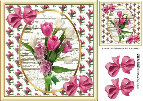 pretty spring  coloured tulips with  flowers and pink bows 8x8