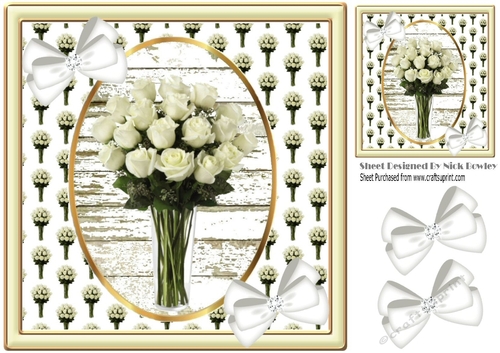 pretty white roses in a vase with diamante white bows 8x8