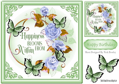 Pretty roses in ornate frame with green butterflies 8x8