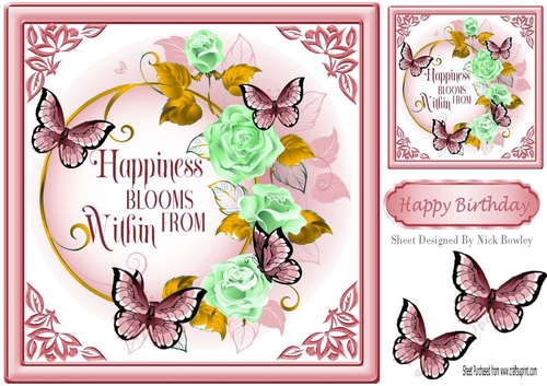Pretty roses in ornate frame with pink butterflies 8x8