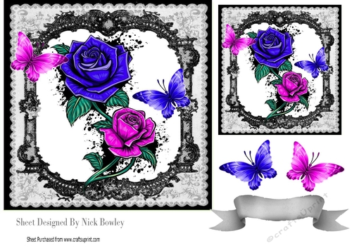  Gothic Cerise & blue ornate roses with black lace & butterflies 7x7