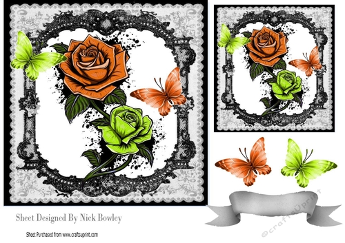 Gothic orange & lime ornate roses with black lace & butterflies 7x7