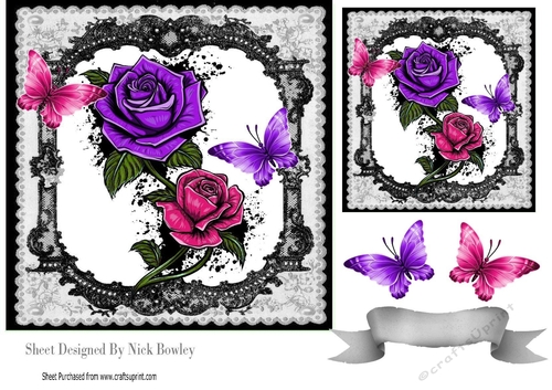 Gothic purple & pink ornate roses with black lace & butterflies 7x7