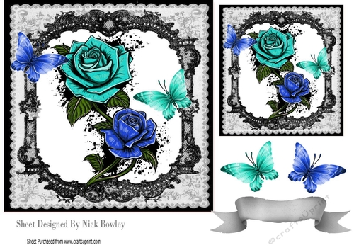 Gothic turq & blue ornate roses with black lace & butterflies 7x7