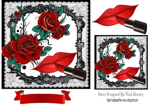 Red Roses and Lipstick in black lace frame 7x7