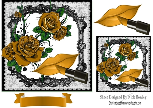 Gold Roses and Lipstick in black lace frame 7x7