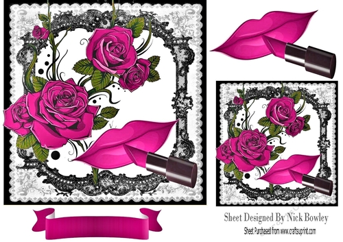 Cerise pink Roses and Lipstick in black lace frame 7x7