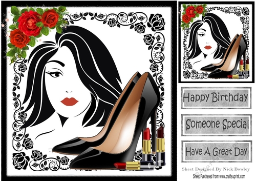 Trendy Girl with fashion and red/black roses, 8x8  (one)