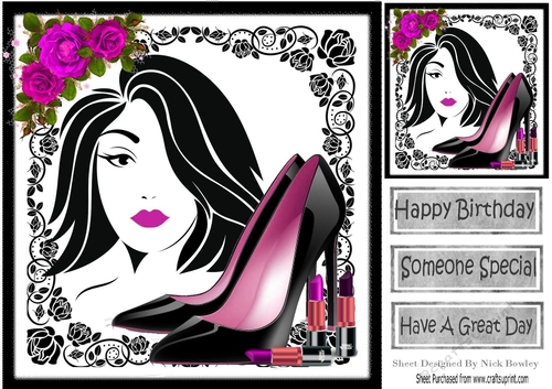 Trendy Girl with fashion and pink/black roses, 8x8  (two)