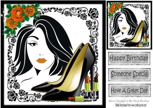 Trendy Girl with fashion and orange/black roses, 8x8  (three)