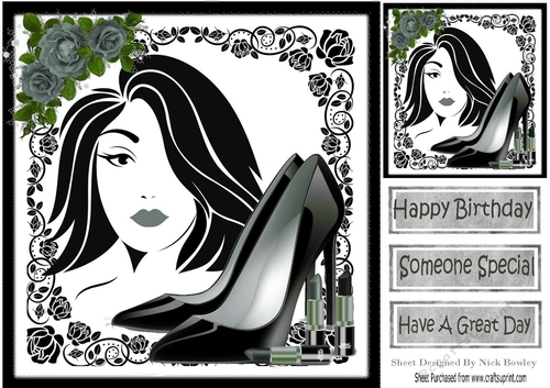 Trendy Girl with fashion and silver monochrome/black roses, 8x8  (four)
