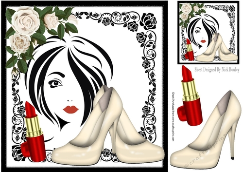 Trendy Girl with Cream roses & shoes in black rose frame,8x8 (one)