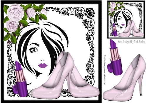 Trendy Girl with lilac roses & shoes in black rose frame,8x8 (two)
