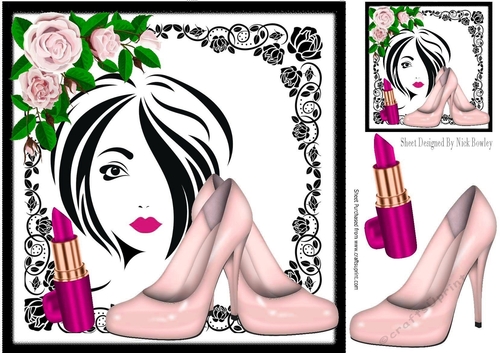 Trendy Girl with pink roses & shoes in black rose frame,8x8 (three)