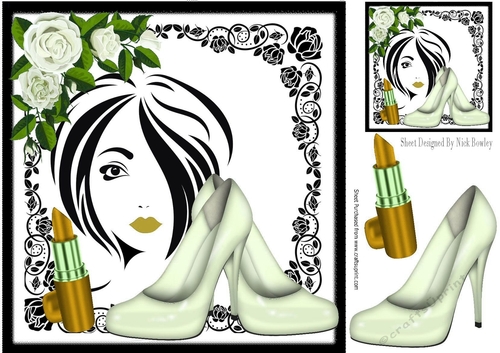 Trendy Girl with roses, shoes and gold lippy in black rose frame, 8x8 (four)