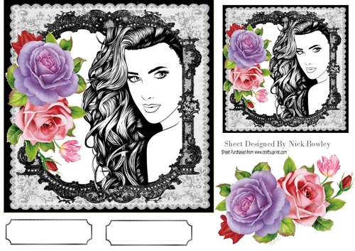 Beauty with roses in black lace 7x7 frame