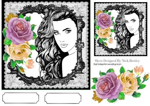Beauty with lilac/cream roses in black lace 7x7 frame
