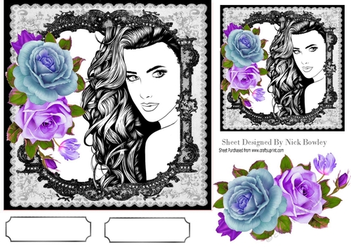 Beauty with blue/purple roses in black lace 7x7 frame
