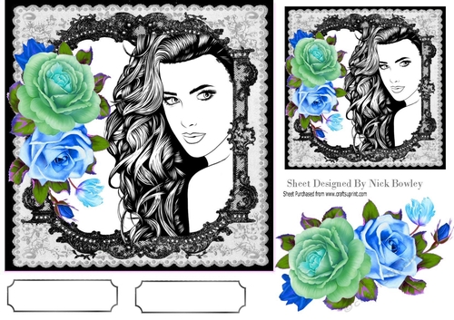 Beauty with turq/blue roses in black lace 7x7 frame
