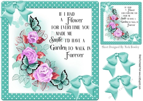 Beautiful spring flowers with butterflies and turq bows 8x8