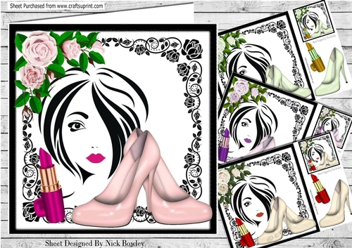  4 lovely trendy girls  card fronts with roses & shoes 8x8 mini kit