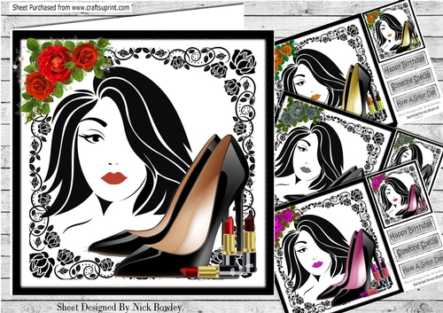 4 trendy girls  card fronts with roses, shoes, & lippy black rose frame 8x8 mini kit