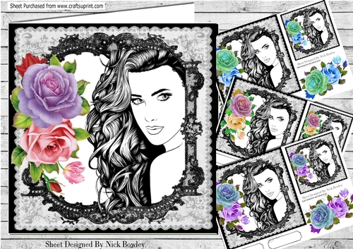 4 beautiful girls  card fronts with roses in black lace frame 7x7 mini kit