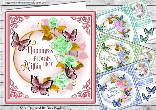  4 Pretty roses with verse in ornate frame with butterflies 8x8