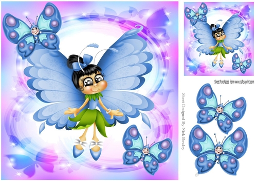 Cute faerie with cheeky blue butterflies in pretty purple 8x8 frame