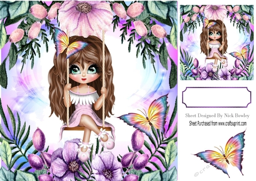 Pretty flower girl on a swing with butterflies water colour flower frame 8x8